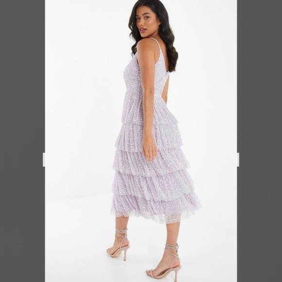 Quiz Lilac Sequin Strap V-neck Tiered Midi Dress in Purple - Picture 3 of 7